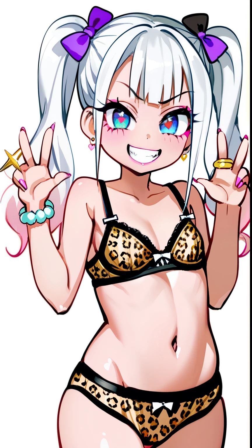 1girl, Anime Girls, (((gyaru))), bimbo, cowboy shot,
asanagi style, mesugaki, pale skin, Wicked Smile, evil grin,
twin tails, white Hair, Hair ribbon, bimbo, ((dim body)), flat_chest, 
(skimpy clothing), ((leopard print bra, leopard print panties)),
looking at viewer, lewd, cute, big eyes, ero, ecchi,
Score_9,Score_8,score_7_up,source_anime, rating_questionable, 
