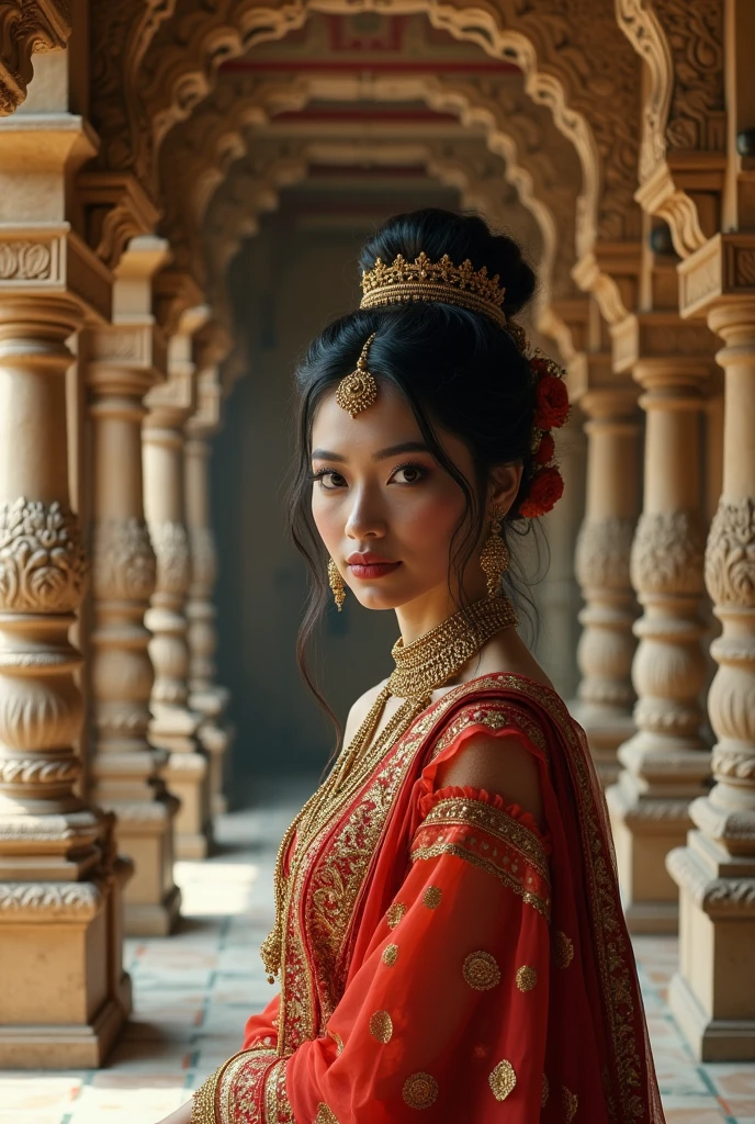 Indian Temples: “Create an 8k resolution image of an ancient Indian temple, featuring an intricately designed architectural style with maximalist elements. The scene should blend surrealism with elaborate details, showcasing a female model dressed in traditional Indian attire. Use cinematic lighting and a warm color palette to highlight her detailed makeup and elaborate hairstyle, evoking a sense of spiritual beauty and cultural richness.”(((metallic ominous war))) [in the style of Anna Razumovskaya and Clovis Trouille:0.4] ral-dissolve, surrealism fantasy, with a Maximalist Style.