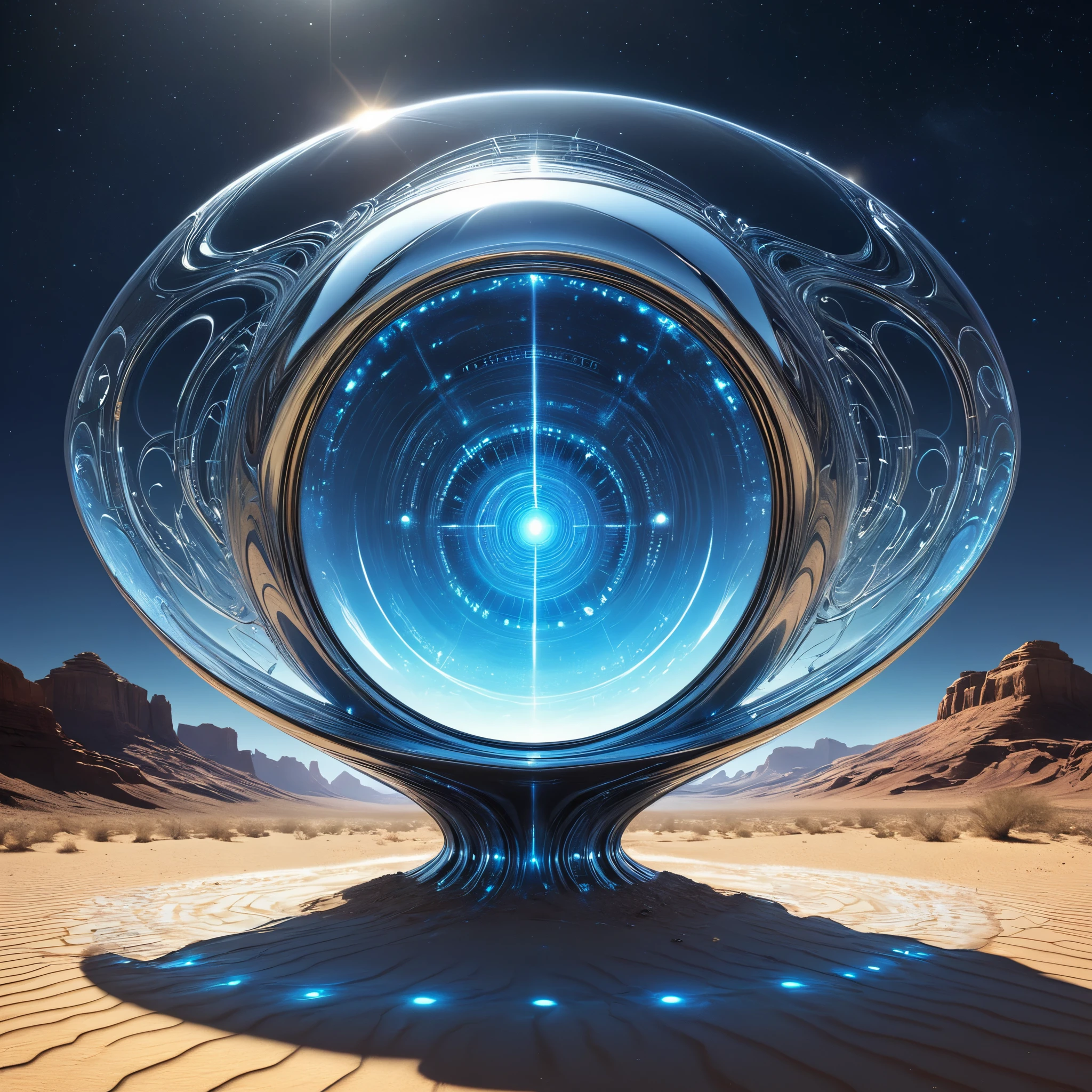 Shiny, polished object art like a mirror suddenly appearing in the desert, abstract, streamlined, futuristic: 1.5, dynamic, (add fantastic futuristic decoration: 1.5), (On a intricate detailed blue luminous magic circle)