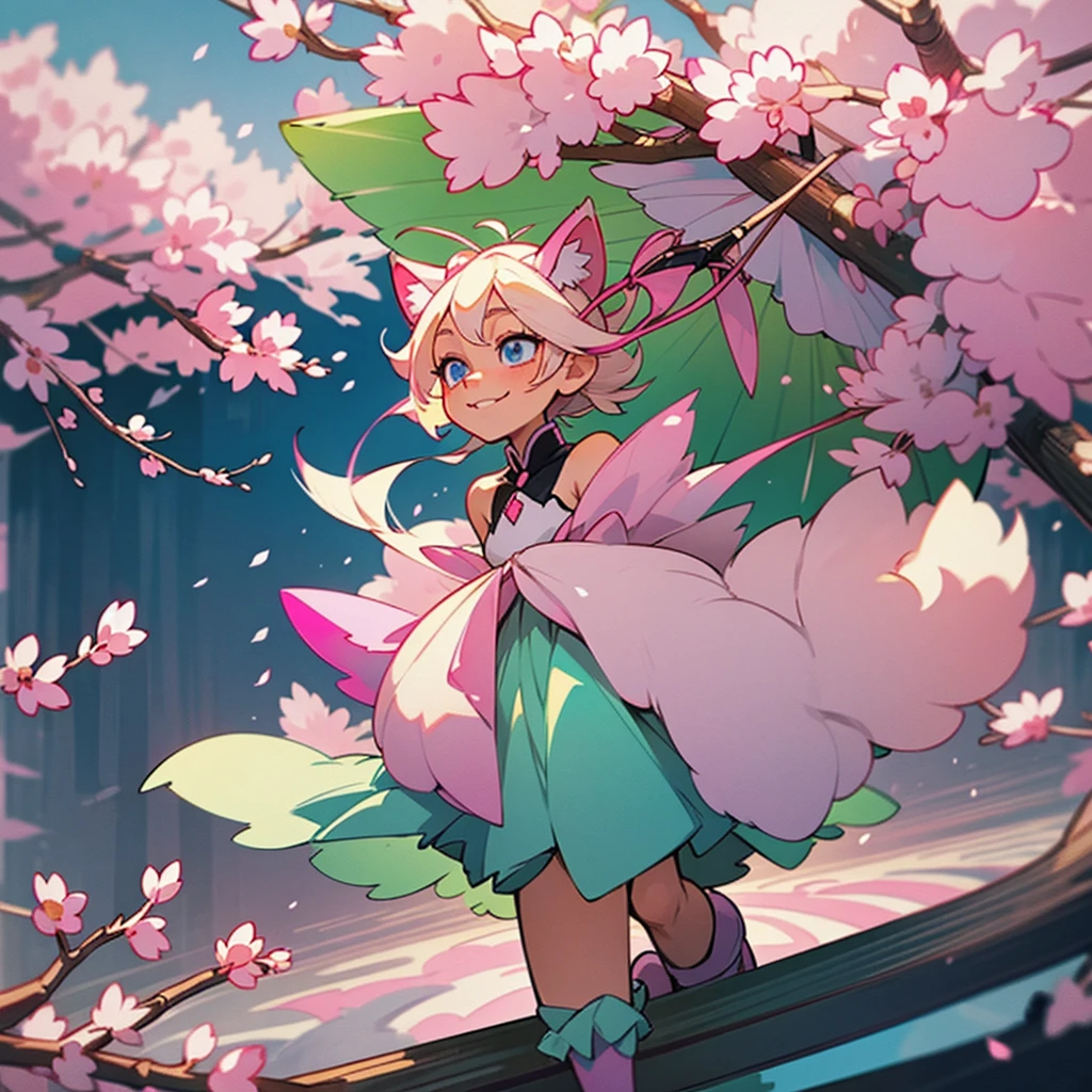 platinum blonde hair. skinny girl. blue eyes. pink and green dress. sakura cherry blossoms. cute smile. 1 girl walking under the blossoms. top down view. peaches. very large cat ears on her head. big fluffy cat tail. pink highlights in her ears.