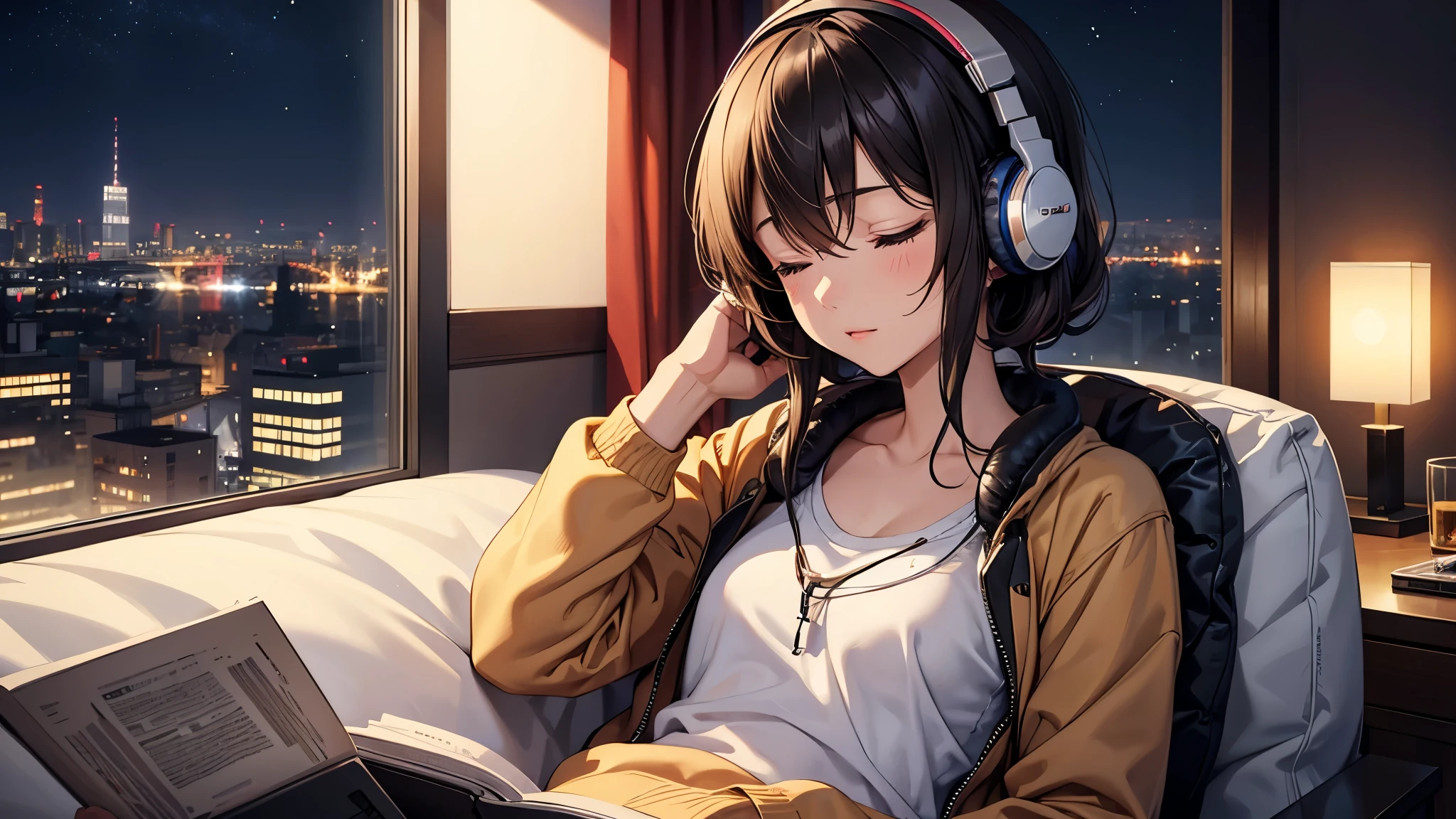 Girl with headphones enjoying music in a home　I am studying　Emphasize a little bit of the big chest　Look this way and close your eyes.　Night Background