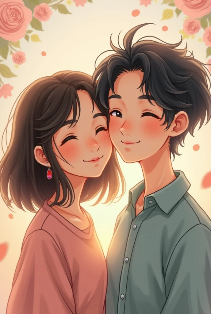 creat a ai image of a romantic anime couple lying on beautiful flower and grass looking each others eyes.where the handsome boy wearing glasses with January written t shirtand full pant.and the  chubby curvy girl with thick thighs  wearing October written t shirt with balck medium long weavy hair.full frame image.