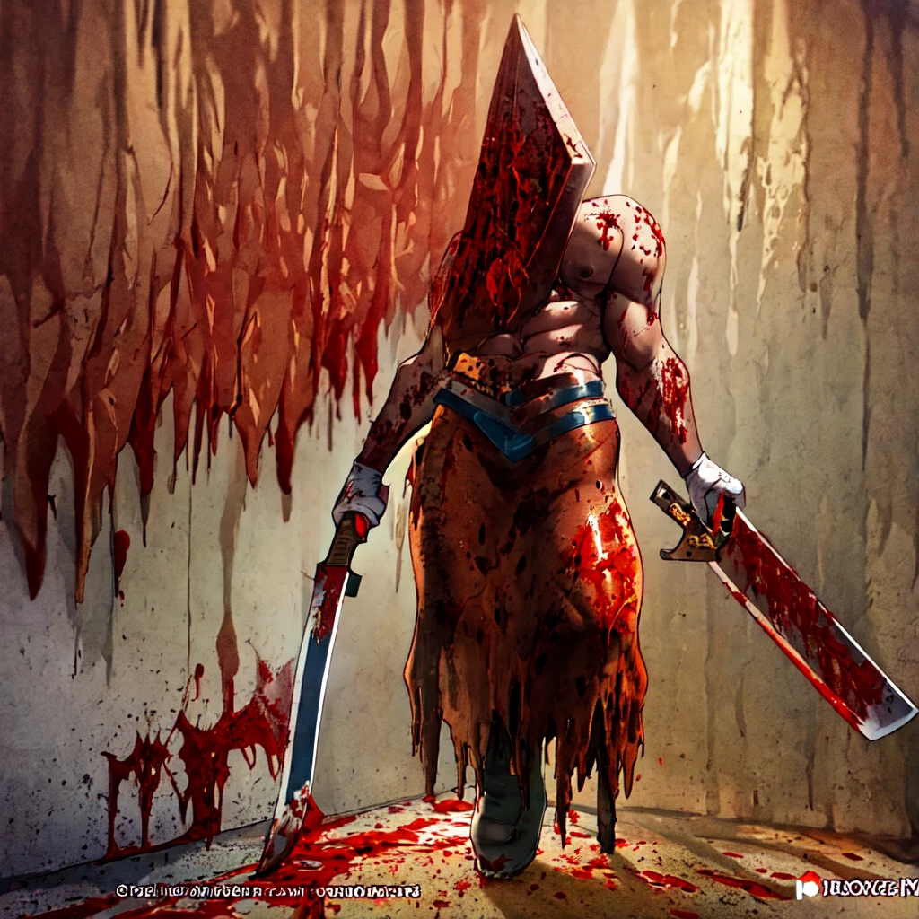 Pyramid Head, Silent Hill, horror, shirtless, muscles, blood and rust, vests made of human skin. He holds a large, rusty butcher knife in his hand and drags it across the floor. monster. Sexual.