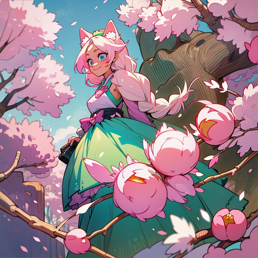 platinum blonde hair. long hair with 2 long braids. skinny girl. blue eyes. pink and green dress. sakura cherry blossoms. cute smile. 1 girl walking under the blossoms. top down view. peaches. very large cat ears on her head. big fluffy cat tail. pink highlights in her ears.