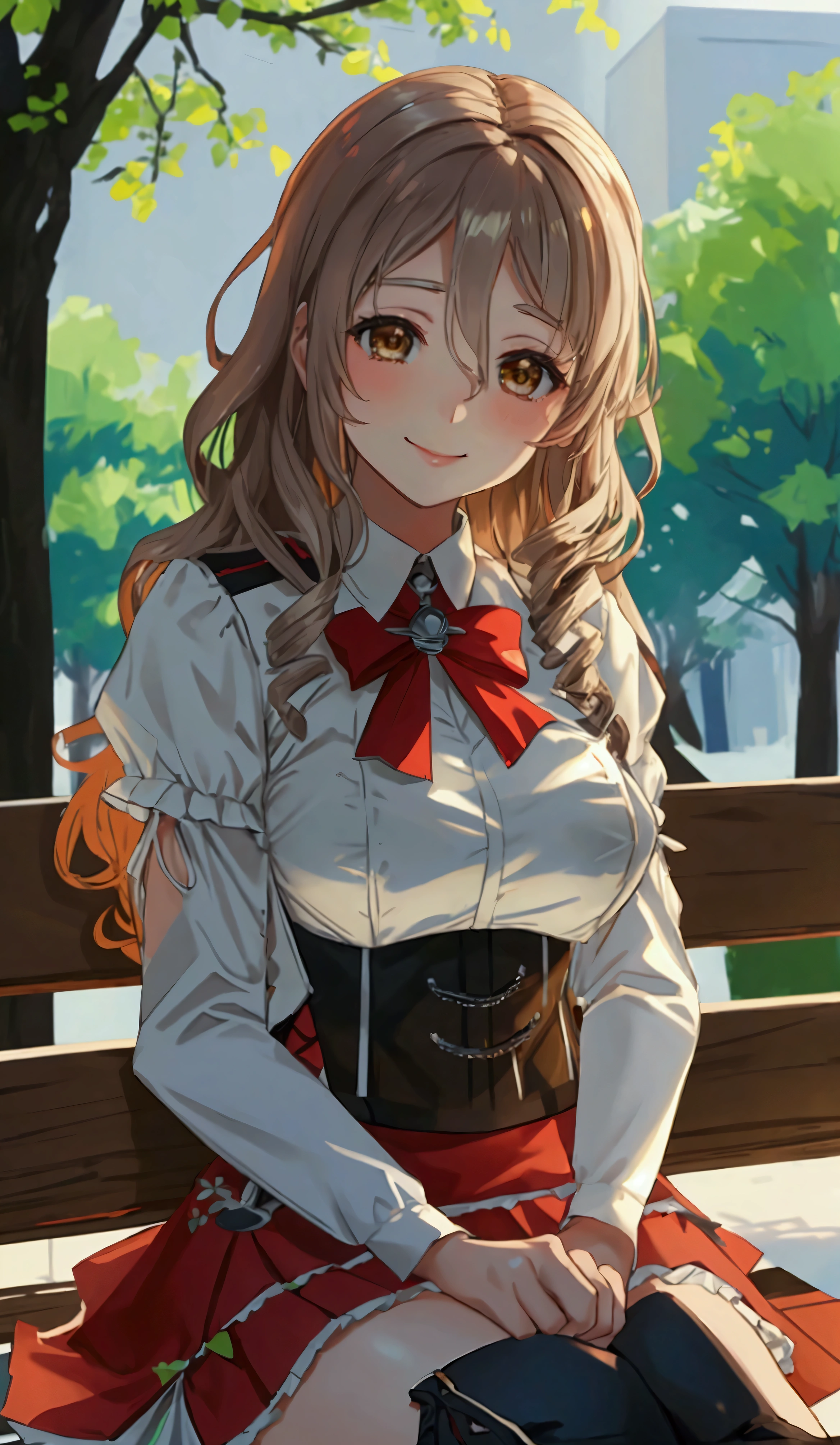 Highest quality　masterpiece　High resolution　1 person　Fleet Collection_Paula　White shirt corset, Frills, Bodice, Red tie, White Mini Skirt, (Thighs), Knee-high boots ,Tight waist　Dazzling Smile　(Intoxication)　Park bench