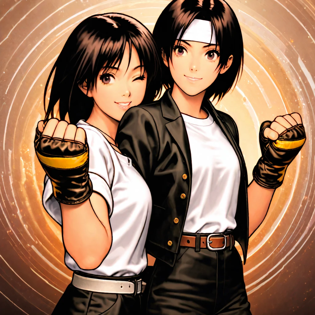 masterpiece, Highest quality, Highly detailed CG Unity 8k wallpaper, High School Girl Anime Illustration. Her outfit is（（black jacket with sleeves rolled up））,Fingerless gloves,White T-shirt, （（White headband））,Black trousers,White shoes,Please wear a brown belt, Point the index fingers of both hands, she has her eyes closed and mouth open, smile. Black Hair, black eye, twins, Bokeh Photo, (Soft Focus):1.2, Out of focus highlights, Dreamy atmosphere, Glowing circle, Fascinating Depth, The background is a realistic landscape