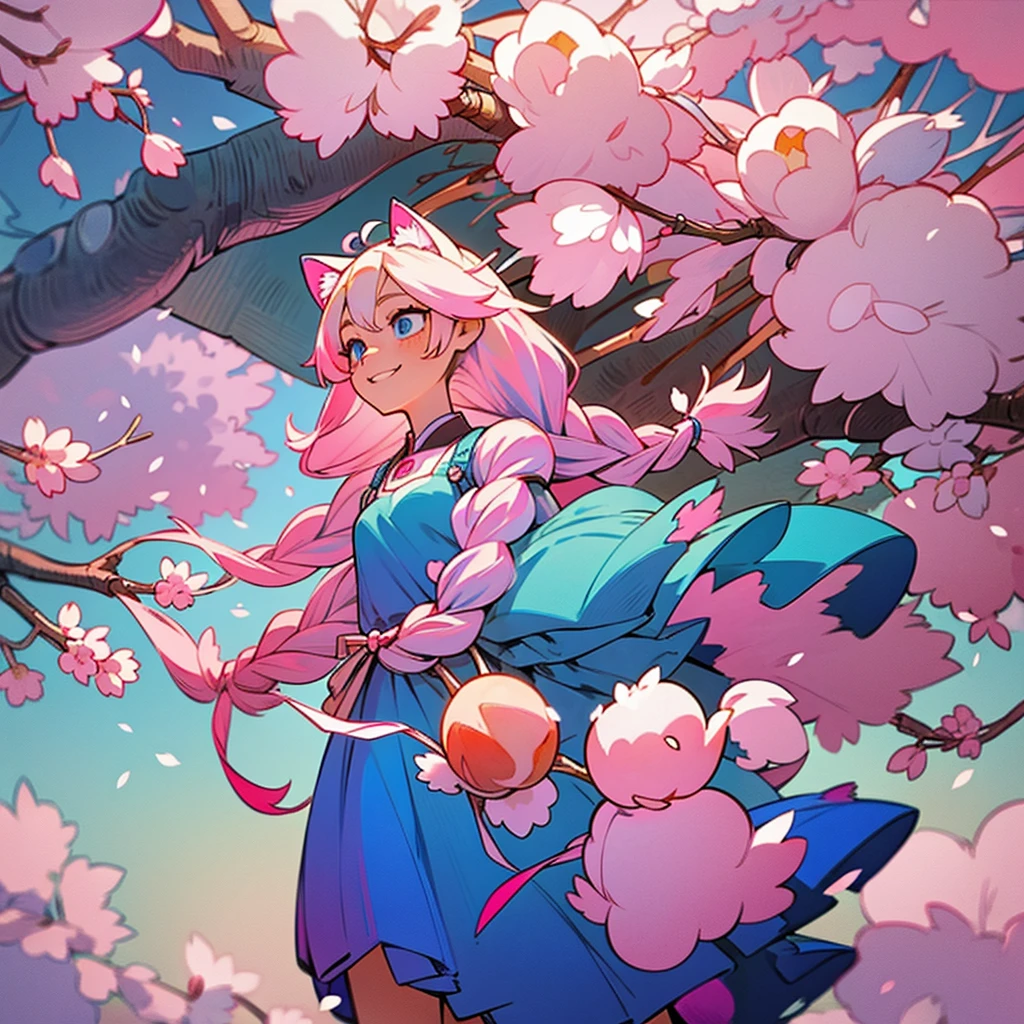 platinum blonde hair. long hair with 2 long braids. skinny girl. blue eyes. pink and blue dress. sakura cherry blossoms. cute smile. 1 girl walking under the blossoms. top down view. peaches. very large cat ears on her head. big fluffy cat tail.