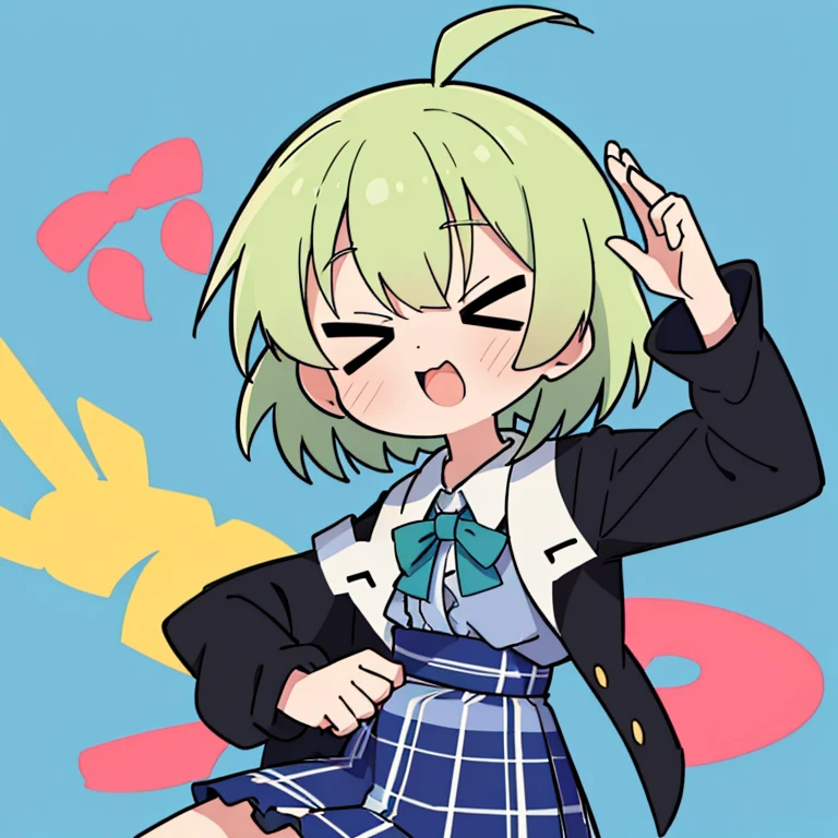 High resolution (Only the face) (Head only) 1 person round face short hair ahoge bobby collared_shirt frilled_shirt_Color Free Joint_skirt frills 髪_bow 髪_ornament black jacket light green hair plaid plaid_リボンチェック shirt shoelaces shoes 目を瞑る 笑っている顔  立っている スカート ツイン_Braided Blue background only, Simple background, face focus, upper body