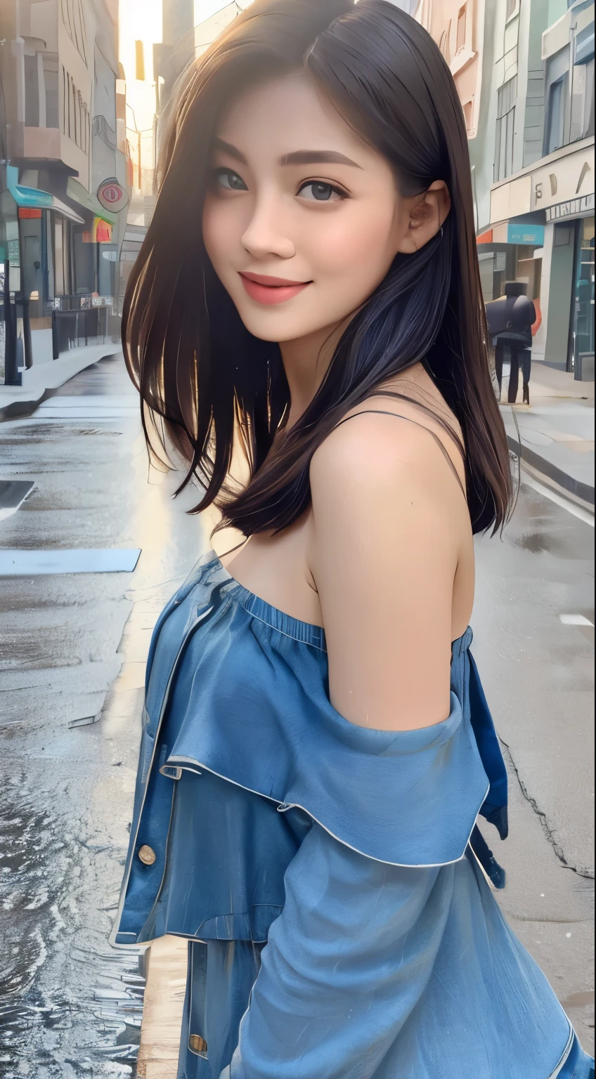 ((best quality, 8k, masterpiece:1.3)), Concentrate upon: 1.2, perfect body beauty: 1.4, hip: 1.2, ((layered haircuts, chest: 1.2)), (giant drop:1.4),(wet clothes: 1.1), (rain, distance:1.3), bandeau dress: 1.1, Highly detailed face and skin texture, good eyes, double eyelid, Whitening skin, long hair, (shut up: 1.3), laugh