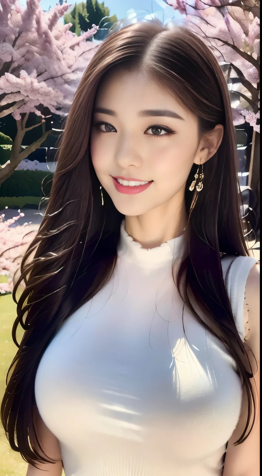 ((Highest quality, 8k, masterpiece :1.3)), One Girl,Red lipstick,Affectionate smile, Beautiful woman, Big Breasts:1.3, Highly detailed face, double eyelid, spring, sunny, nature,garden,cherry blossoms,Looking into the camera,White sleeveless sweater,flare skirt,(masterpiece: 1.3), (Maximum resolution: 1.4), (Ultra-high resolution: 1.2), Cinematic Light, Ultra-high resolution, (Detailed eyesと肌), (Detailed facial features), 8k resolution, Perfect Style, Beautiful expression、Highly detailed face and skin texture、Detailed eyes、Glitter Eyeliner:1.2、pale cheeks,Pure white skin:1.1,Glossy Lips:1.2、((Full Body Shot:1.2)),Straight Hairstyles、Black Hair、One-length long hair、175cm,From below,High heels