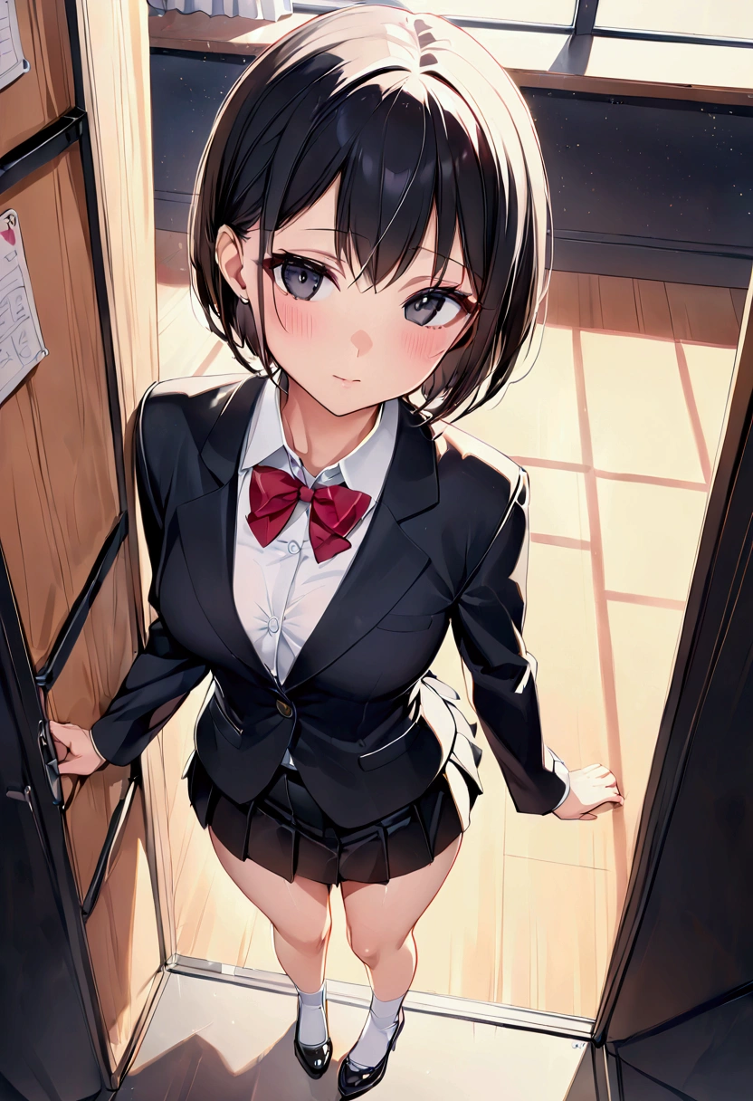 very cute and beautiful girl,(Very detailed美しい顔), (smile),blush,Black Hair,Seraphim,(Pleated navy blue mini skirt),Are standing,(From below),(Lacy white panties), Wooden classroom,window,Distant Tree々and the city, (Highest quality,masterpiece:1.0),Absurd,High resolution,Super detailed,Very detailed,32k,8K resolution, Intricate details,Movie Scenes,Detailed Background,alone,Dynamic Angle,