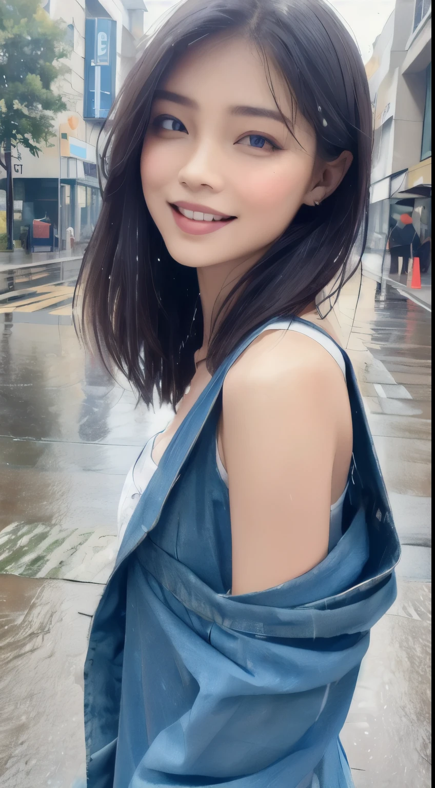 ((best quality, 8k, masterpiece:1.3)), Concentrate upon: 1.2, perfect body beauty: 1.4, hip: 1.2, ((layered haircuts, chest: 1.2)), (wet clothes: 1.1), (rain, distance:1.3), bandeau dress: 1.1, Highly detailed face and skin texture, good eyes, double eyelid, Whitening skin, long hair, (shut up: 1.3), laugh