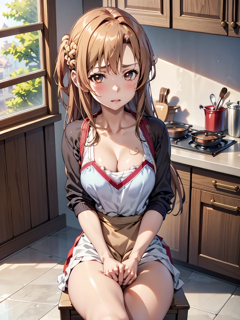 1girl Yuuki Asuna , Brown Hair, Brown eyes, Large Breasts, Long Hair, Braiding ,  Get closer to the face, Detailed face, Detailed eyes, 8k, high resolution, sharp, Forward tilt:1.5, Embarrassing, Naked Apron, kitchen, nsfw, Sit at the table, Spread your legs:1.8, Masturbation,Cleavage, Forward tilt:1.2