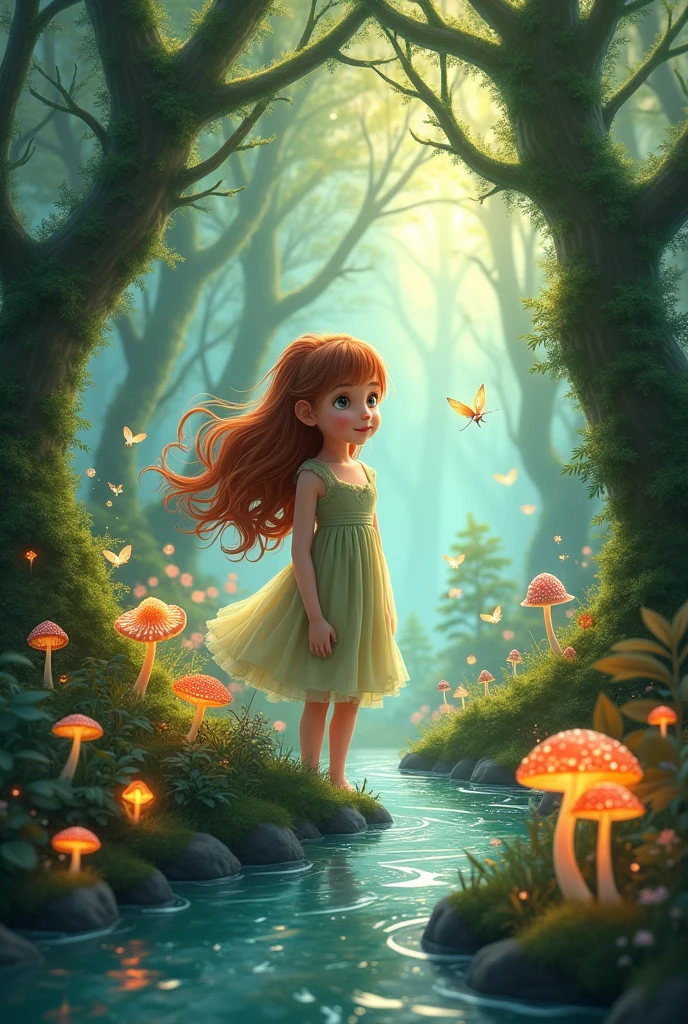 A young girl named Amara stands in a moonlit garden, surrounded by towering flowers that appear almost surreal in size. Amara has curly auburn hair cascading down her back and striking emerald-green eyes that reflect the soft glow of the scene. She wears a simple, earth-toned dress that brushes lightly against her fair skin. Tiny, delicate fairies with shimmering wings flutter around her, their laughter echoing like soft bells. They create a circle of glowing light, leading her toward a ring of mushrooms that pulses with a warm, magical energy. The garden is bathed in soft moonlight, with the night sky full of stars. Amara’s expression is a mix of awe and wonder as she steps into the circle, the entire scene brimming with enchantment and a sense of secret magic.