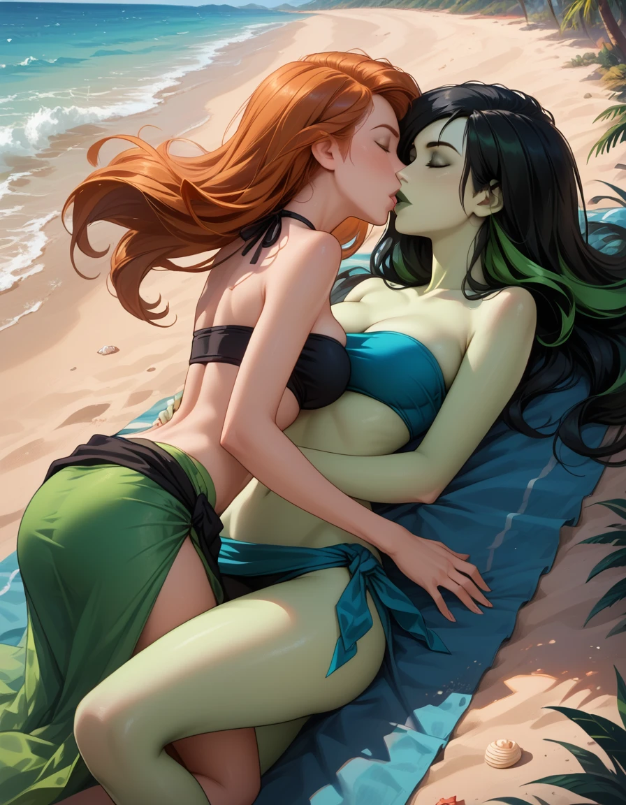 score_9, score_8_up, score_8_up, source_cartoon, 2girls, (Kim Possible, orange-red hair, long flowing hair:1.0), (Shego, black hair, long flowing hair:1.0), girlfriends, (bikini bottoms:1.2), (topless:1.5), beach, outdoors, laying, hugging, groping, kissing, blush.