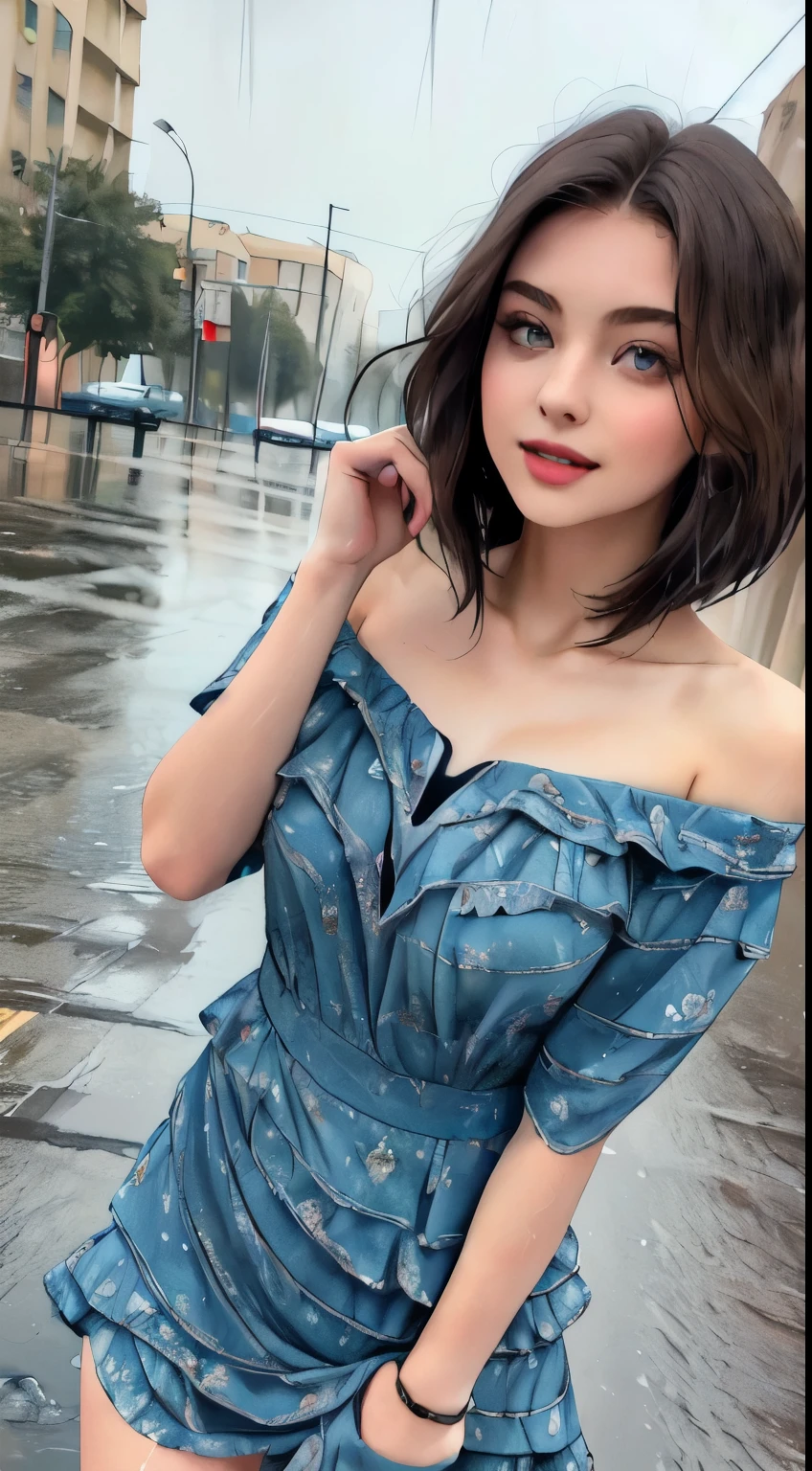 ((best quality, 8k, masterpiece:1.3)), Concentrate upon: 1.2, perfect body beauty: 1.4, hip: 1.2, ((layered haircuts, chest: 1.2)), (wet clothes: 1.1), (rain, distance:1.3), bandeau dress: 1.1, Highly detailed face and skin texture, good eyes, double eyelid, Whitening skin, long hair, (shut up: 1.3), laugh