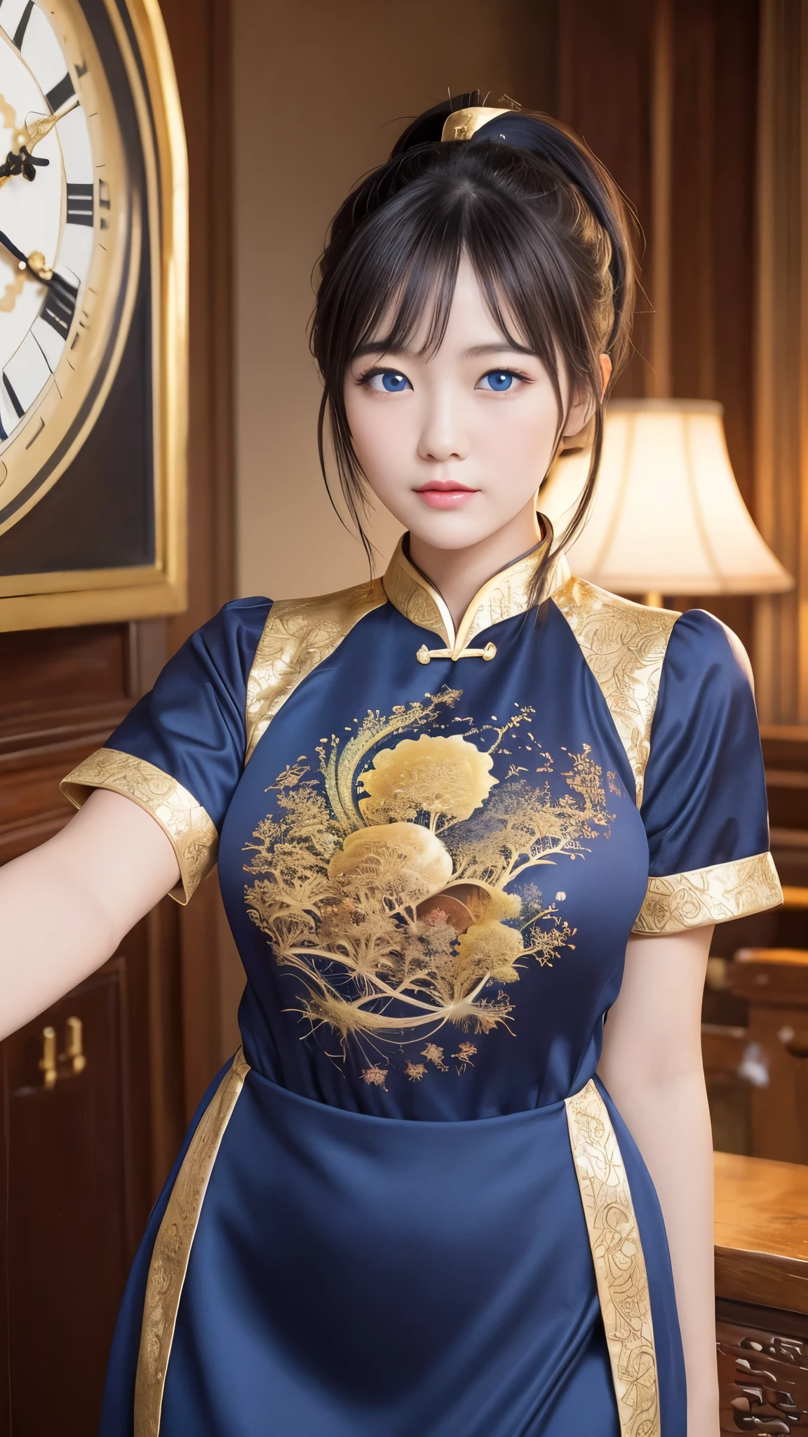 (dasha taran),(Huge breasts,huge breasts2.0,longbreast),C,The upper part of the body,Detailed Eye Face,Face,Huge breasts,Huge breasts,Blue cheongsam,Gold embroidery