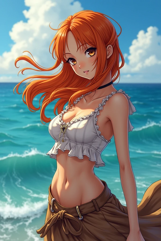 masterpiece, rich colors, Best quality, detailed, high resolution, Hyper quality, high detail, , high quality, detailing, skinny sexy girl on the beach , bright lighting , green eyes, Anime, palm trees, bright lighting, redhead,