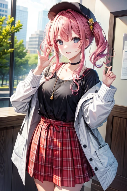 Enrai Fairyland、Chinese mythology、Colorfulの縁起の良い雲、 masterpiece, highest quality, whole body, 1girl, bangs, choker, necklace, Pink Hair, チェックskirt, blush, bracelet,, choker, Large sweater, clavicle, Cowboy Shot, Dress shirt, 耳Earrings, Colorful Hair, smile, Gal, jewelry, コGal, Long Hair, Looking at the audience, Earrings,プリーツskirt, Red eyes, ring, , skirt, smile, solo, garden, null, autumn leaves, Fallen leaves, figure, (magazine: 1.3), (coverスタイル: 1.3), elegant, woman, Vibrant, clothing, Pause, front, Colorful, Dynamic, background, element, confidence, Performance, Keep, statement, accessories, Majestic, rolls, Surroundings, touch, scene, text, cover, Bold, Eye-catching, title, stylish, font, Catchy, Heading, Bigger, Impressive, modern, It's fashionable, focus, fashion masterpiece, highest quality, (highest quality), ((masterpiece)), (High resolution), Creative, Highly detailed 8k wallpaper, (Very delicate and beautiful),((Detail face))、Beautiful eye for detail、Hair blowing in the wind、Messy Hair、Lens flare、 (magazine:1.3), (coverスタイル:1.3), It's fashionable, woman, Vibrant, Costume, Pause, front, Colorful, Dynamic, background, element, confidenceに溢れています, Performance, Remaining, statement, accessories, Majestic, Coil, Surroundings, Touching, scene, text, cover, Bold, to attract attention, opening, stylishな, fontを, Catchy, Heading, big, Impressive, modern, trendy, pussyfocus, fashion,