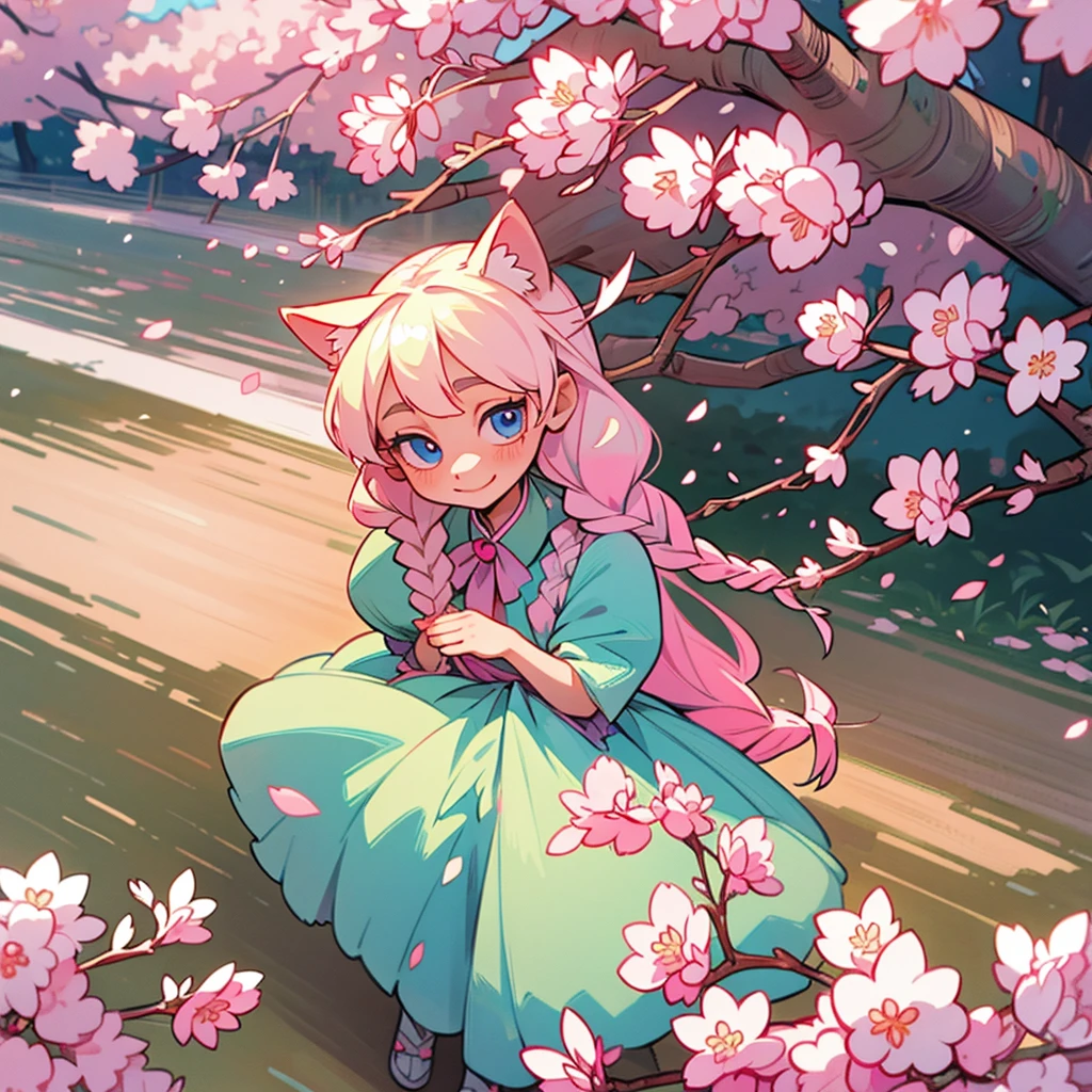 platinum blonde hair. long hair with 2 long braids. skinny girl. blue eyes. pink and green dress. sakura cherry blossoms. cute smile. 1 girl walking under the blossoms. top view. peaches. very large cat ears on her head. big fluffy cat tail. pink highlights in her ears. pastel colors.