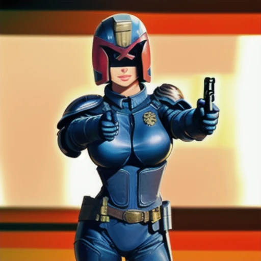 One girl, Helmet, armor, uniform, Pointing a Gun, pistol, Contrapposto jdgdrdd, View your viewers, indoor, Bokeh, Portraiture, Film Grain,Big Breasts