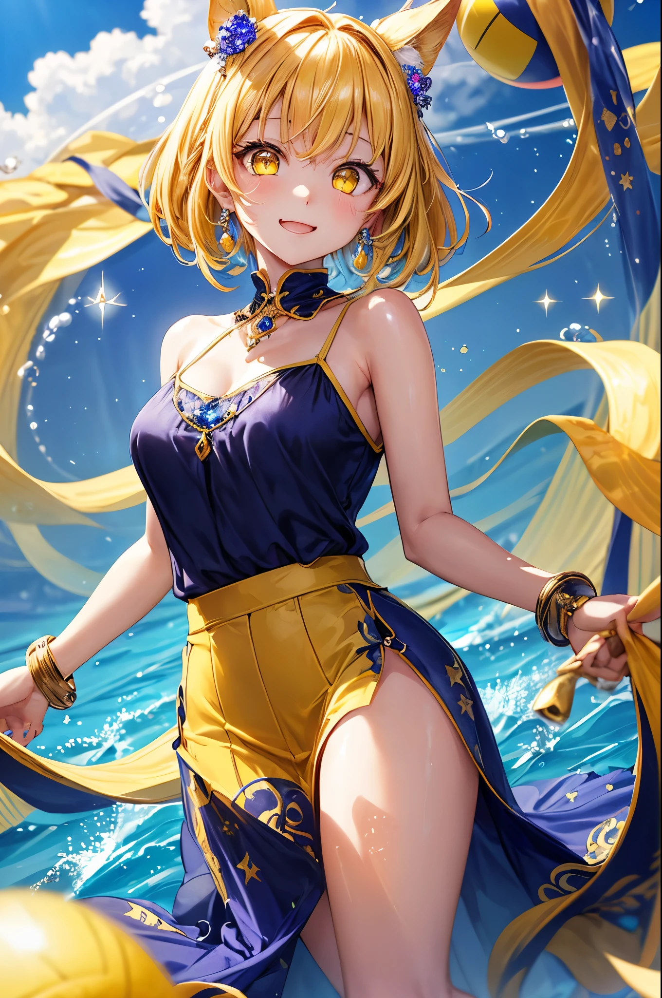 anime girl blue eyes white skin blonde hair elf ears, unclothed, with good curves, open legs