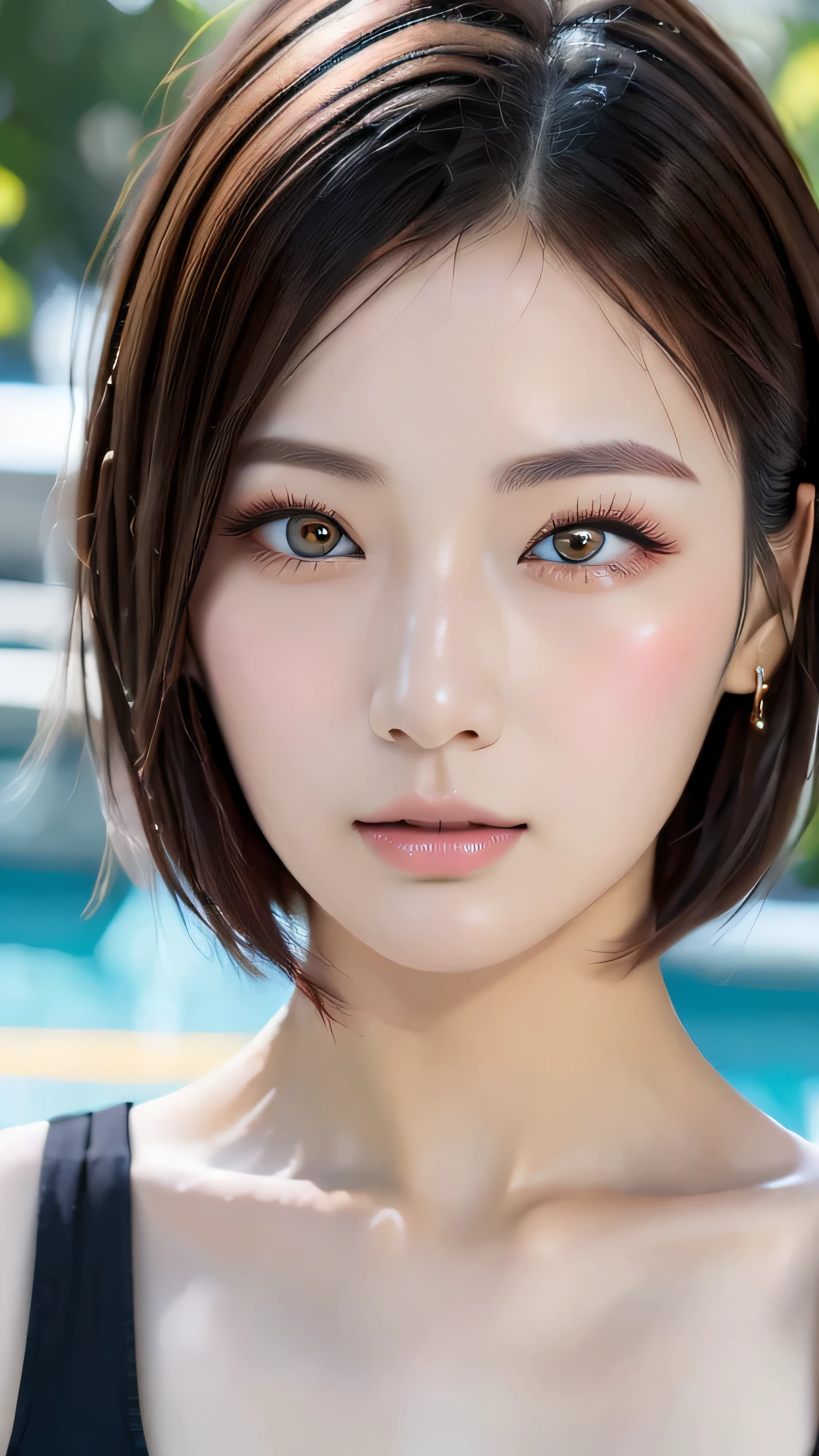 (masterpiece:1.3), (8k, Photorealistic, RAW Photos, Best image quality: 1.4), Japanese, (1 girl), Beautiful Face, (A vivid face), (short hair:1.3), Beautiful hairstyle, Realistic eyes, Hanging eyes、Beautiful Eyes, (Realistic Skin), Beautiful Skin, charm, Ultra-high resolution, Attention to detail, Golden Ratio, Detail Makeup、Completely naked、I can see the collarbone、Daytime bank、Face Up、Yellow eyeshadow、Long eyelashes、Sharp eyes、Zoom face