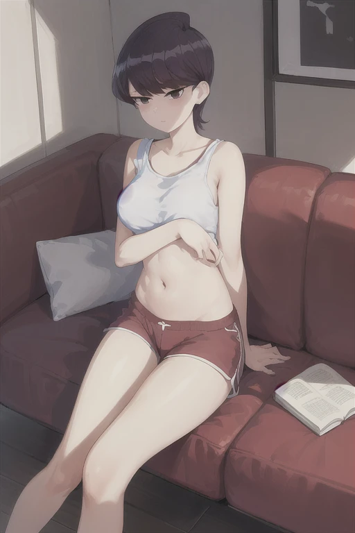 work of art, best qualityer, 1 girl, standing alone, Komi-san wa komyushou desu,(red shorts + casual bra), shorts ,sitting down, sofa, Holding a book, livingroom, (janelas+blue sky) 