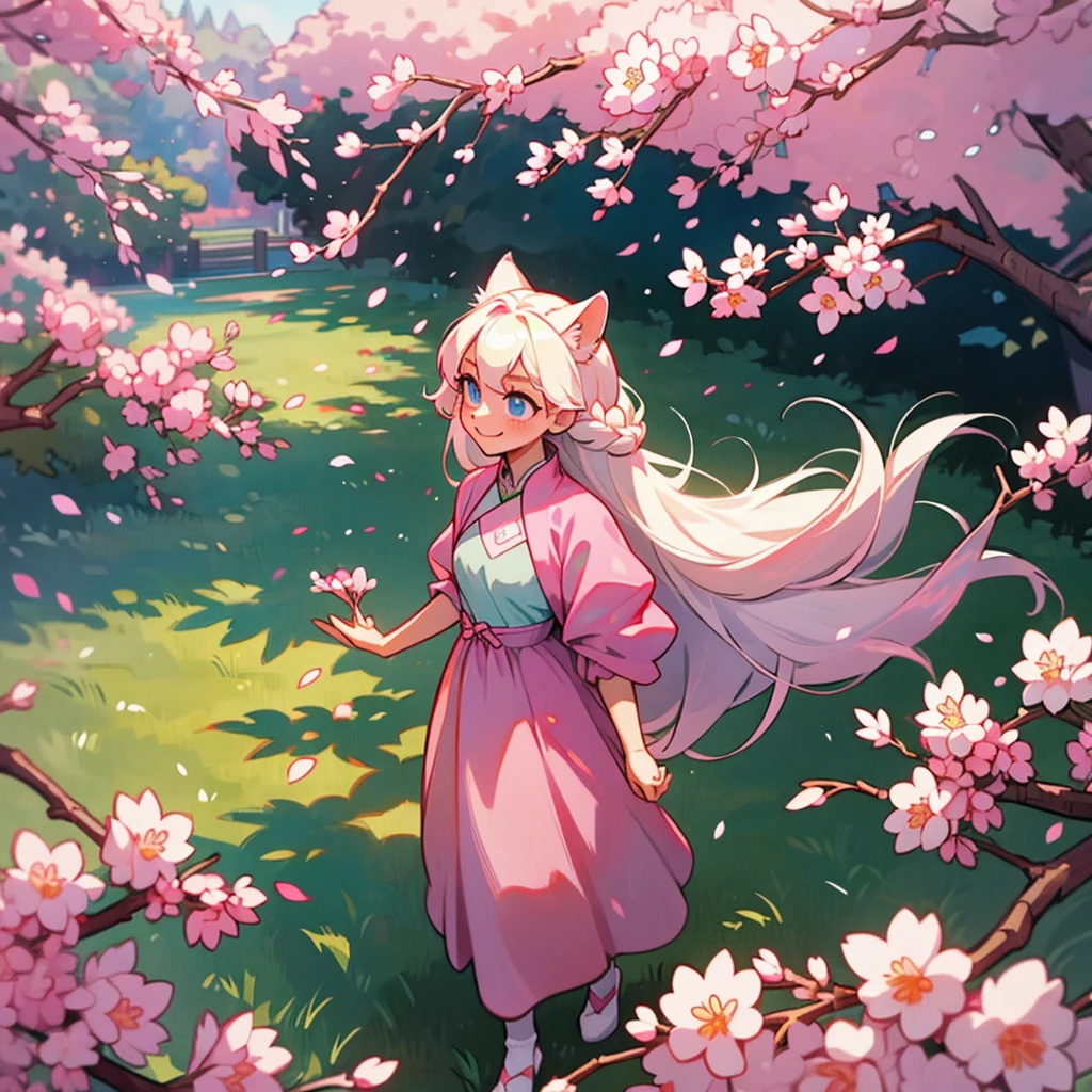 platinum blonde hair. long hair with 2 long braids. skinny girl. blue eyes. pink and green dress. sakura cherry blossoms. cute smile. 1 girl walking under the blossoms. top view. peaches. very large cat ears on her head. big fluffy cat tail. pink highlights in her ears. pastel colors. no human ears. 