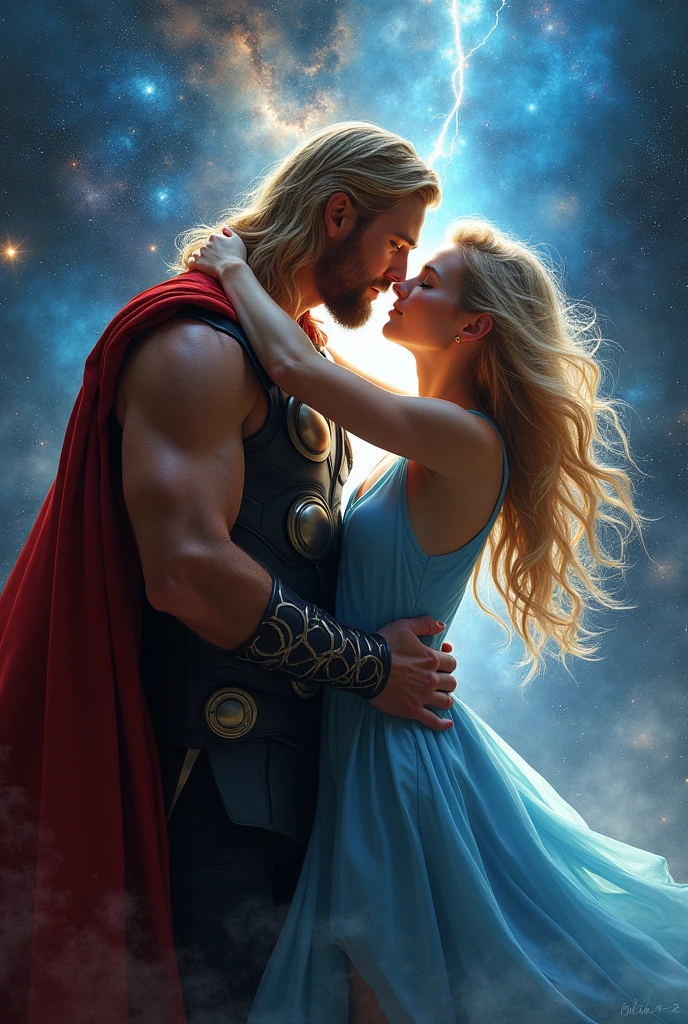 Anime love Anime  between god: beautiful young, Blond, god of shadow, powerful darkness, muscular cosmic. A woman: human, beautiful long hair and fragile body, in anime profile, background: cosmic light, 