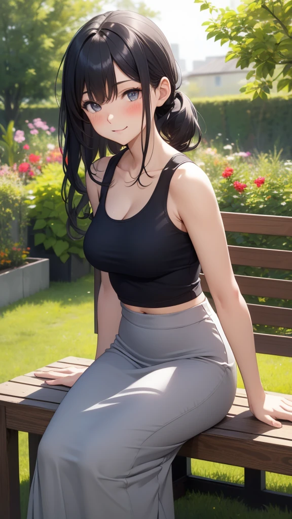masterpiece, best quality, high detail, beautiful woman, long hair, straight hair, dark hair, pink tank top cropped, white pencil skirt, wide hips, sneakers, looking at viewer, light smile, garden, backyard,