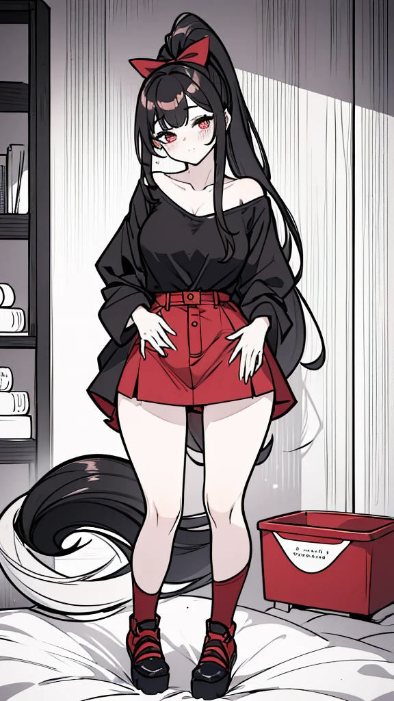 using pantimedies, wavy black hair, piercing look with deep red eyes, average stature, Waist length hair, Silky hair with a ponytail hairstyle collected with a red bow with two white lines, has a vagina, has breasts, cup of breasts, small breasts, slim, foreground, Session, sitting in her room, standing in his room, wearing pantyhose, using pantimedies, Picardias, neckline, looking at the viewer, lascivious smile, ((oversized t-shirt)), off the shoulders, without pants, washing machines, thighs, ((White T-shirt)), standing, hands on the hips,, shoes, blush, from below, thighs gorditos, thighs grandes, big ass