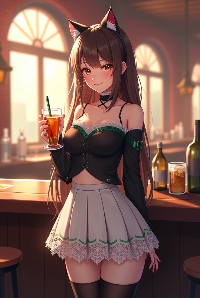 ((masterpiece,best quality)), highres, extremely detailed 8K wallpaper, depth_of_field, best shadow, (Colorful),(Delicate eyes and face), nice hand, Perfect hands, volumatic light, Ray tracing, BREAK
(1girl in), mizuki yukikaze, hair ribbon, one-piece tan, long hair, ((black eyes)), slender, skinny, medium breasts, open mouth, smile, blush, BREAK,
(wear white school uniform top over black playboy_bunny leotard:1.3), (green sailor collar:1.5), (red tie:1.3), (white fake animal ears), (Parted clothes at the top and bottom:1.3), (short sleeves:1.1), (black BunnyGirl Costume:1.2), (black stockings:1.2), High heels, (rabbit_tail:1.2), BREAK,
(Cowboy Shots and knee), Looking at Viewer, stomach focus, indoor, ((night bar)), counter, (((night time))), Ultra detailed backgrounds, ((dark backgrounds)), have drink,