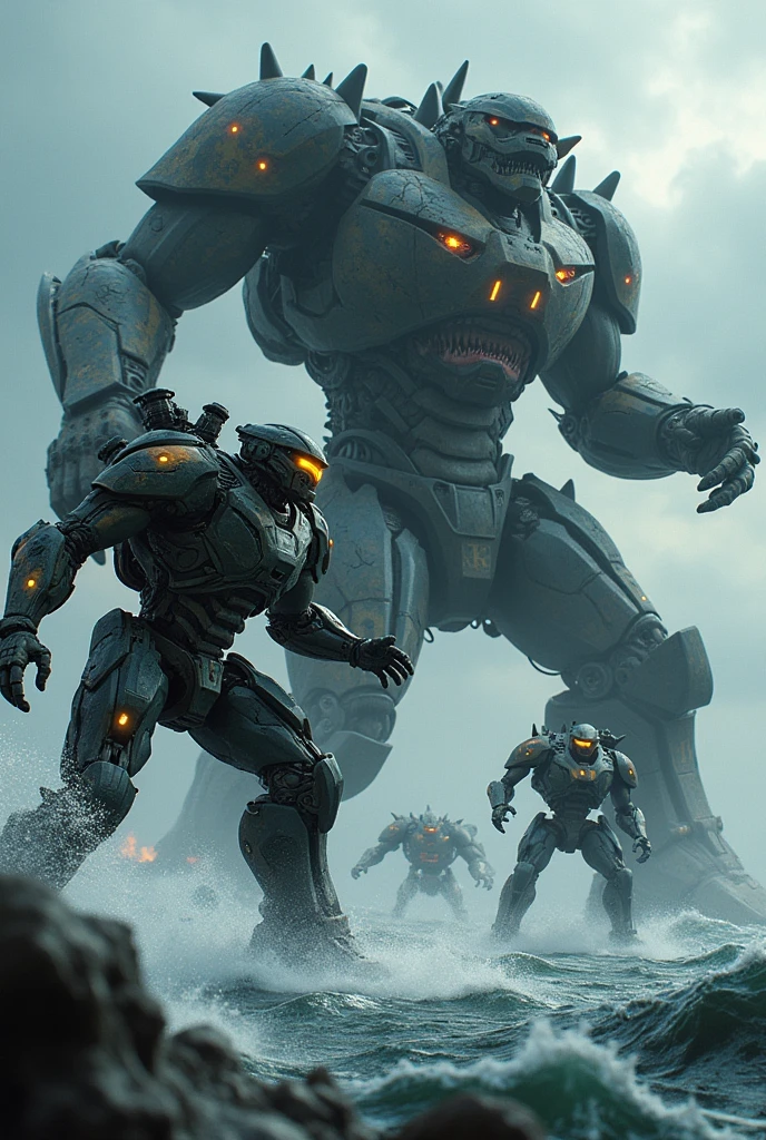 two warriors silhouettes standing in front of a massive [three-headed Cerberus] aggressively standing 100feet tall, located in a battlefield , concept art wallpaper 4k, sci-fi fantasy wallpaper, sci fi artwork, detailed sci-fi art, beautiful sci fi art, spaceships in the cloudy sky, concept art artwork masterpiece, concept art 4k, concept art 4 k, sci fi concept art, mystical sci-fi concept art