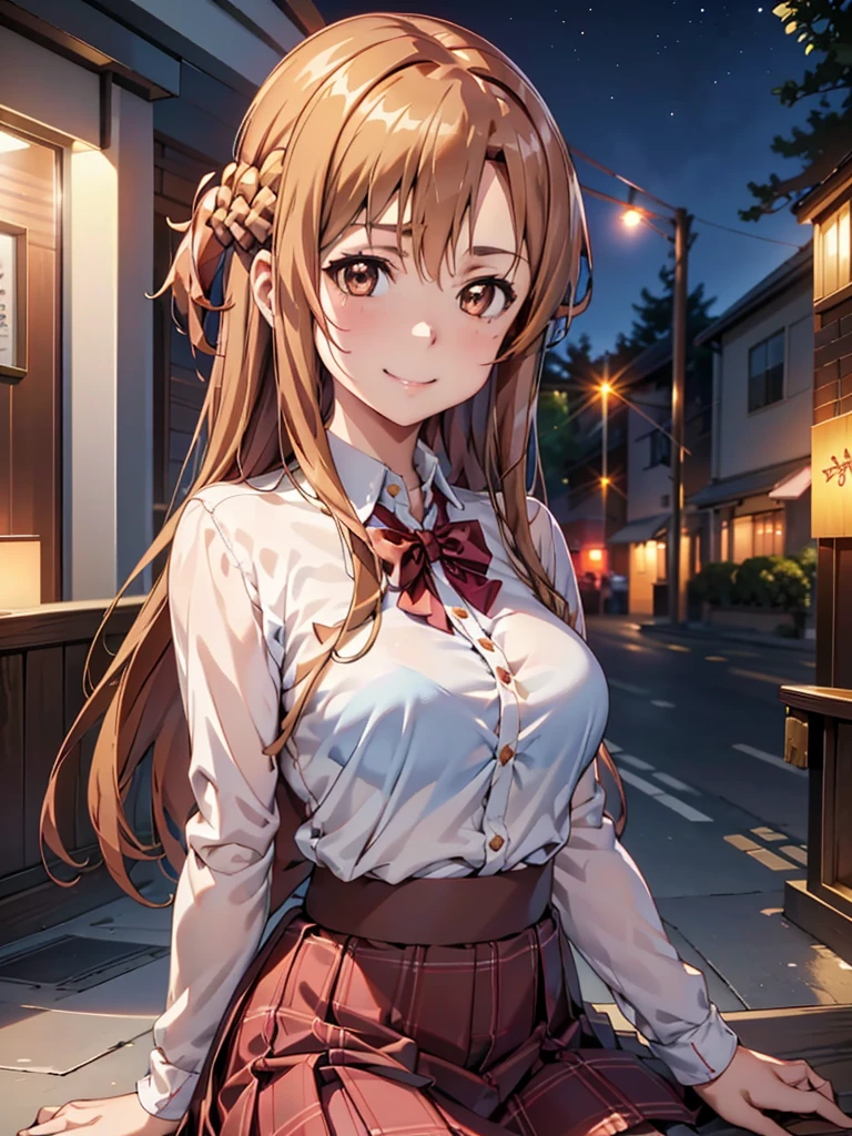 1girl Yuuki Asuna , Brown Hair, Brown eyes, Large Breasts, Long Hair, Braiding ,  Get closer to the face, Detailed face, Detailed eyes, 8k, high resolution, sharp, smile, White shirt, Checkered Skirt, 