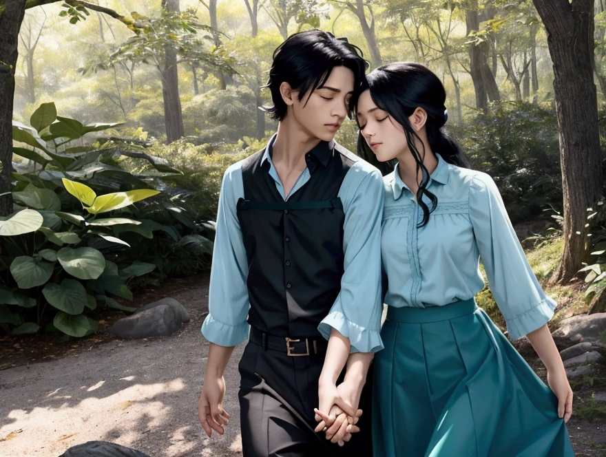 This image portrays a romantic scene between two animated characters, a male and a female, set in a serene outdoor environment. the female character, with long black hair, wears a floral blouse and a blue skirt, and she is seen closing her eyes as she leans in towards the male character. the male character, with short black hair, wears a light blue shirt and is looking affectionately at the female. the background is filled with vibrant colors, predominantly shades of green from the foliage and trees, and there are numerous butterflies fluttering around. the sunlight filters through the trees, casting a warm glow on the scene. the composition is balanced, with the characters centered and the background elements arranged to frame them. the dominant colors are shades of green, blue, and yellow, with the butterflies adding splashes of pink and purple.