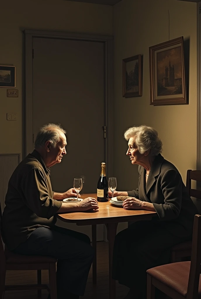 Cinematography style, cinematography, Tyndall effect, include wide negative space to the left of the subjects, a grandpa is kissing a grandma , shadow on the wall, The outline of vines and flowers, The red sunset glow., muted colors, high detail