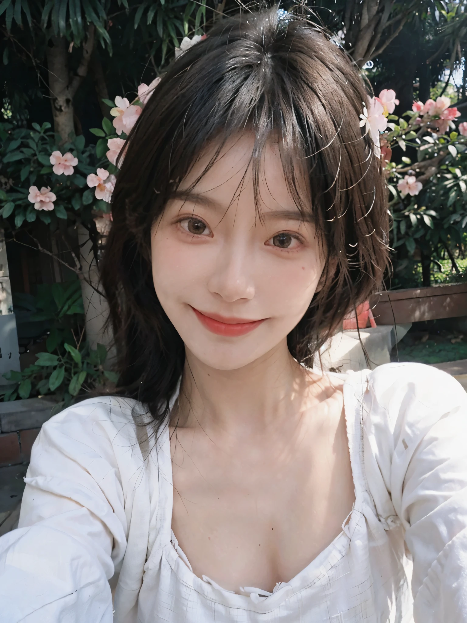 best qualtiy, Ultra-high resolution, (realisticlying:1.4),cute hairpin,Baoyu Girl,European style apartment,(flatchest:1.2) ,A pair of clear and moving peach blossom eyes,Royal Sister,sunshine on face,Big waves,(ln the forest:1.4),(choker necklace:1.2),(Fair skin:1.4),a sense of atmosphere,a beauty girl, ssmile,head straight-looking at viewer, closeup cleavage ,(Photorealistic:1.4),1girll,sexly,(Upper body:1.4),(Wet body),(:1.2)