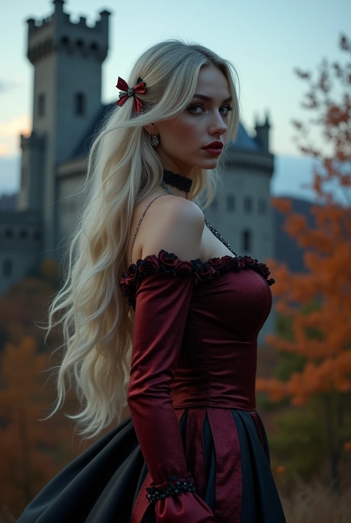 masterpiece, of the highest quality, (Focus only), (perfect face:1.1), (High detail:1.1), (Hyper detailed eyes), dramatic, 1 girl, (Pale skin), long blonde hair, vampire, by the wide, officer, evening, sensual lips, Whole body, busty, culona, castillo, art by artgerm, cinematic lighting, Red roses,
