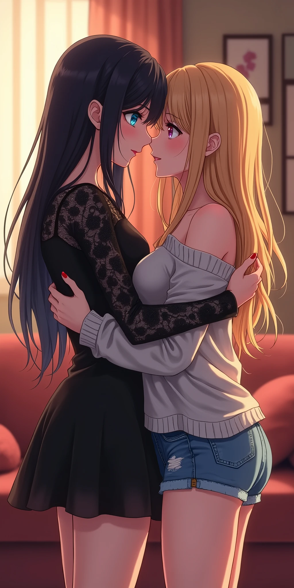 lesbian (very long yellow hair)(pechos big ones, Thighs big ones)(with clothes it is very tight) that he is kissing at school with his girlfriend,(pechos big ones, Thighs,(naked) big ones)lesbian love