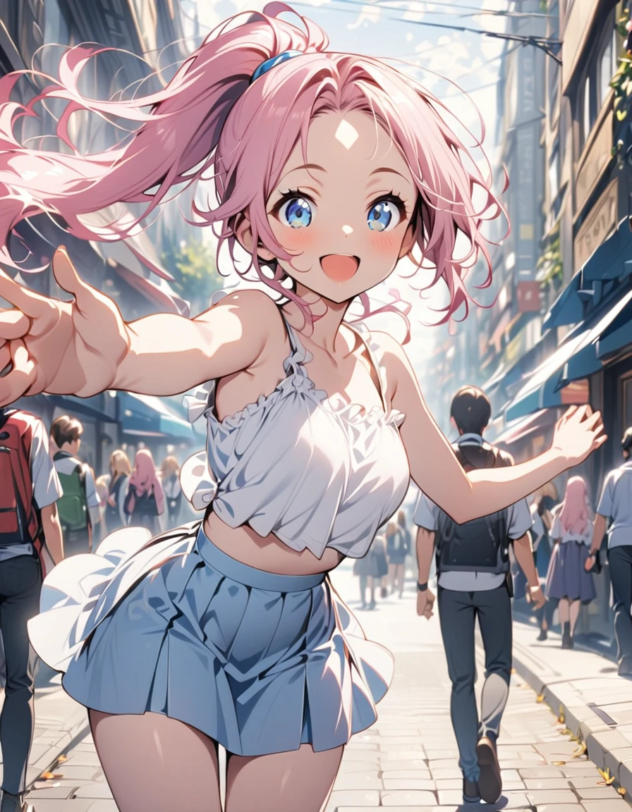 Tatsumaki, green hair, ((medium chest, tomboy girl, small head)), daylight, sunshine, (perfect body: 1.1), (young), (short wavy hair: 1.2), choker, full body photo, busy street, ((wearing a pink short top of transparent cotton tube)), ((miniskirt)), (extremely detailed CG 8k wallpaper), (an extremely delicate and beautiful piece), (masterpiece),  (best quality: 1.0), (high resolution: 1.0), beautiful lighting, perfect lightning, pulled skirt, realistic shadows, [highres], detailed skin, ultra-detailed, open thigh, one leg up, crouched on the floor, black thigh, red high heels, large earring, thighs, (((color)))), (loosely worn top), beauty brand