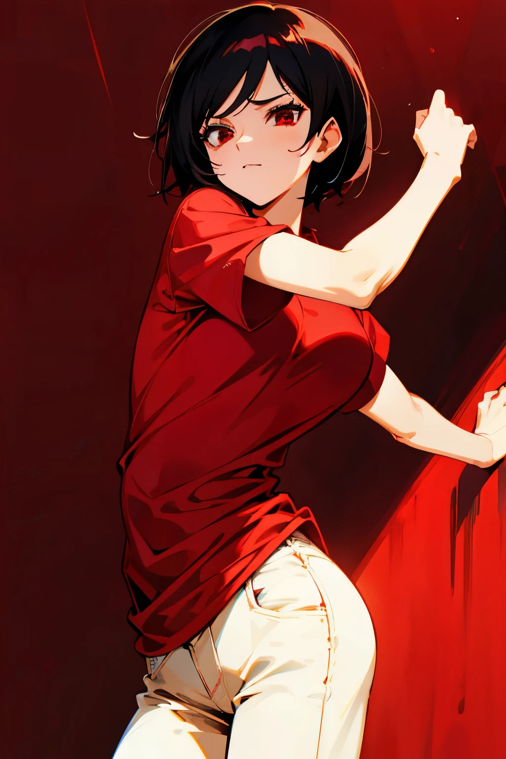 tomboy sister with short black hair in red eyes red vintage shirt short sleeves milf