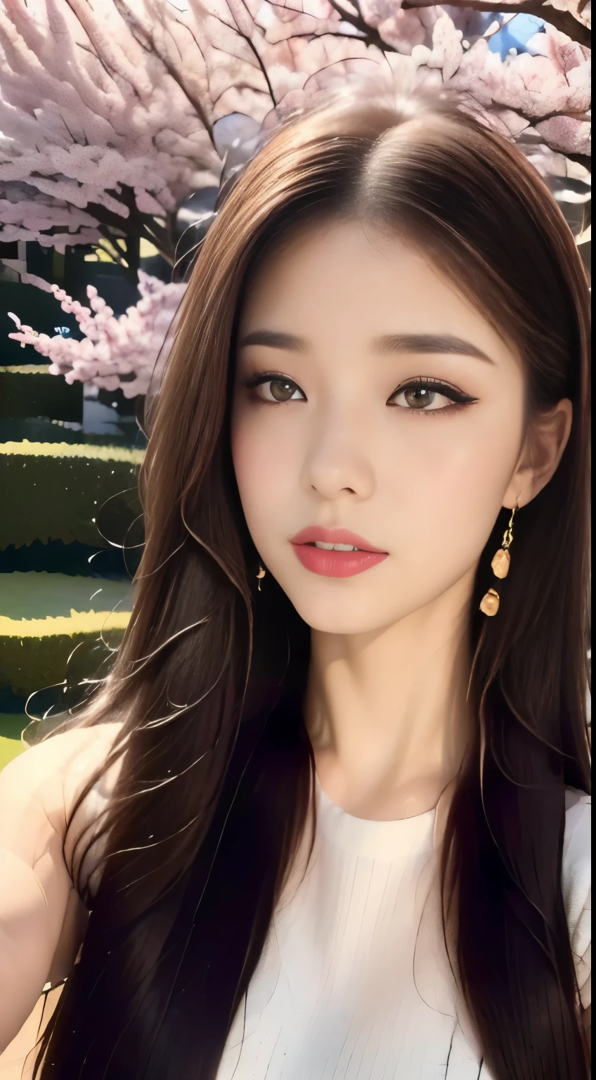 Beautiful female golfer, Long Hair,Brown Hair、 Slanted Eyes, Smooth Hair, Exquisite and perfect features, The most beautiful big eyes, Long eyelashes, The gentle eyes of a lying silkworm, Pouting, Dynamic Angle, Ultimate image quality, Highest precision, Accurate and perfect human body, necklace, bust, close, Outdoor, The background is a golf course in Hawaii., Long Shot,Big Breasts