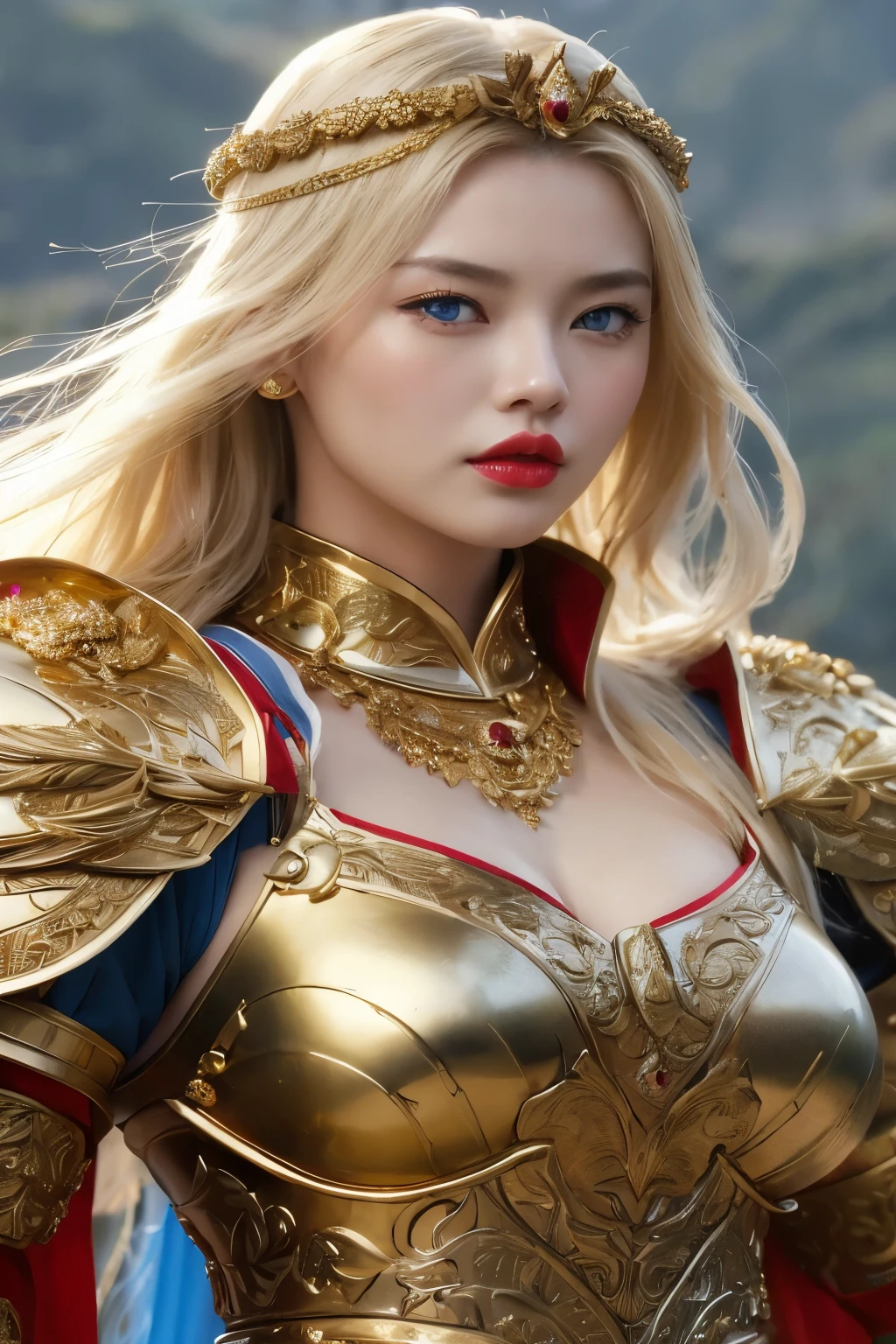 masterpiece,best quality,Higher Rank,(femaleの変態_female:1),(naked:1.3), (35歳のfemale warrior:1.3),、big and voluptuous breasts　big bust,big bust　,hyperreal,中世ヨーロッパの都市のbattlefieldにいる,No expression,、イギリス人female、Expressing delicate skin texture down to the smallest detail、Detailed blue eyes　(Very big, very big, very big)、中年female、(Long fluffy blonde hair)、Skin blackened with wheat、Very big, very big, very big、female warrior、big bustの谷間、Ornately decorated golden armor、Gold long boots with ornate decoration、Pure gold and jewelry necklaces and necklaces、big gold earrings、bright red lips、Wear luxurious golden armor、Golden Long Gloves、She has a big, long sword、The sword is decorated with ornate decorations........、The sword&#39;s blade is pitch black.、(female warrior)、(battlefield)、