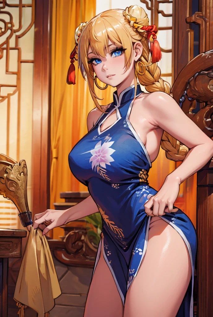 1girl, Solo, High Resolution,Large breasts, Anatomically Correct, Best Quality, Hoop Earrings, Blonde hair, blue eyes,Twin Braids, yellow chinese dress