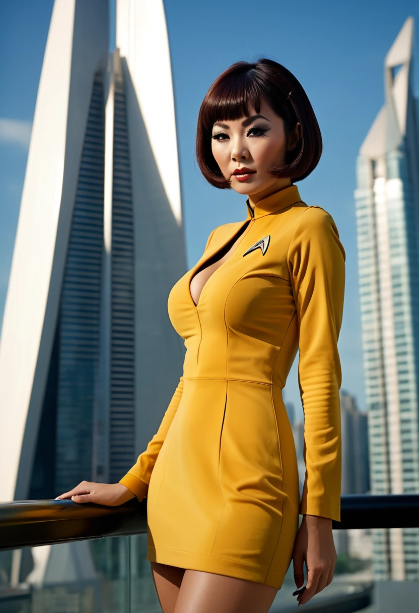 provocative, sexy, very sexy, flirtatious, arousing, revealing, sensuous, teasing ((torn open uniform revealing skin 1.4)) ((clutching her torn clothes to her breasts 1.5)) ((on the bridge of the enterprise 1.3) ((wearing star trek original series 70s one piece sexist sexy short mini dress bridge crew uniform ripped)) ((dress is too short 1.5)) (asian-european, half-asian crew member with bob haircut and slim figure) ((in the style of a retro-futuristic, retro-scifi film set) ((in the style of a 70s erotic movie, soft focus, cinematic, pulp, porn, retro porn, 1970s film)