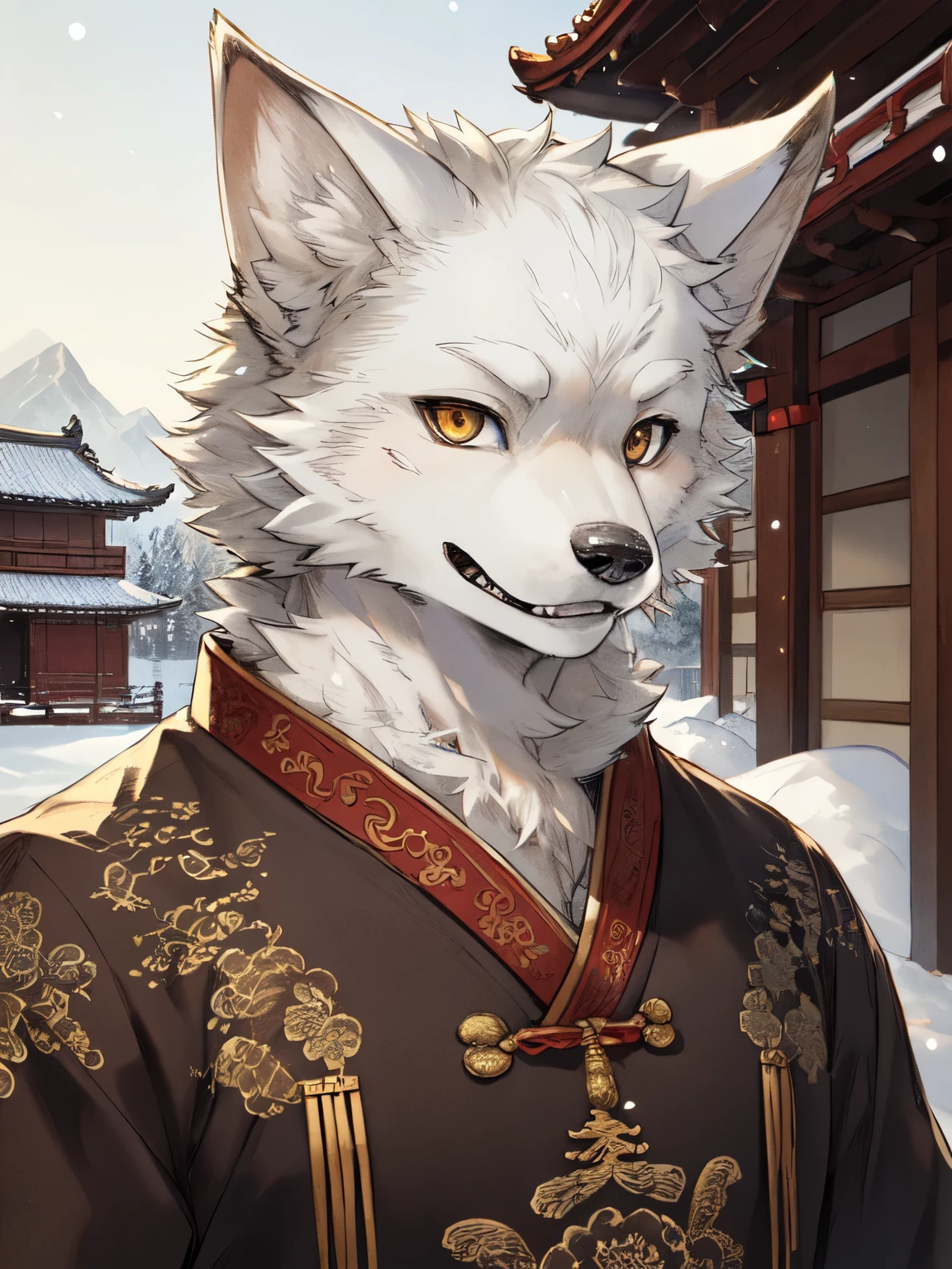 Yoshitaka Amano，Yoshitaka Amano，1 person, 8k Werewolf Portrait, male white fox，short hair，Golden iris，Arctic fur is as white as snow，Traditional Chinese clothing, illustration, ((masterpiece))，Sunny，In a Chinese-style wooden building