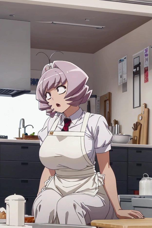 tall woman, big boobies , sitting,  white skin color clothes 1 wearing a tight apron, well-defined body , in kitchen , work of art , detailded 