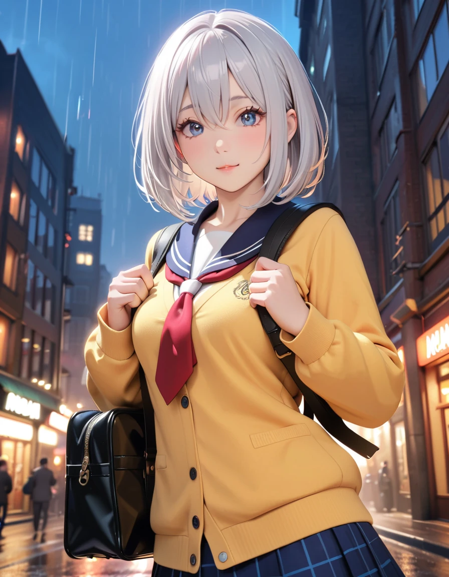 masterpiece, glowing particles, ambient lights, cute, 8K, hdr, high details, perfect lighting, perfect anatomy, BREAK (shiny silver hair:1.2), (bob cut, bang between eyes, beautiful hair), (glossy silver eyes:1.5), (beautiful eyes, twinkle eyes, large eyes), (athlete body, large breasts), cute face, beautiful face, pretty face, beautiful, best quality, good anatomy, long eyelashes, expressive eyes, Perfect Hands, perfecteyes, BREAK morning, raining, high school uniform, beige cardigan, city jumping, in the air, holding school bag, 