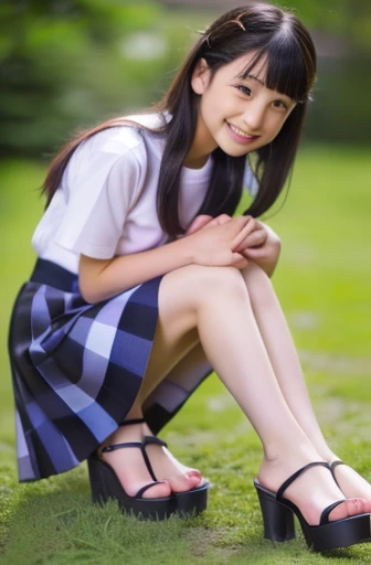 Japanese、Full body image、(((smile)))、woman、Primary school students、Braiding、Braidings、Short Ponytail、((T-Shirts))、Micro Mini Skirt、(((High heels)))、Stiletto heels、Sandals、((厚底Sandals))、Open Toe Mules、Low length、(((Panty shot)))、crouch、(((crouchPanty shot)))、Ultra mini skirt、Ultra mini skirt、Beautiful breasts、(Photorealistic:1.4)、(Surreal:1.4)、(())、谷間見せT-Shirts、Baby Face